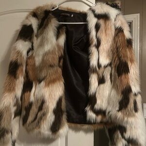 Faux Fur Patchwork Teddy Jacket in Brown, Cream & Black